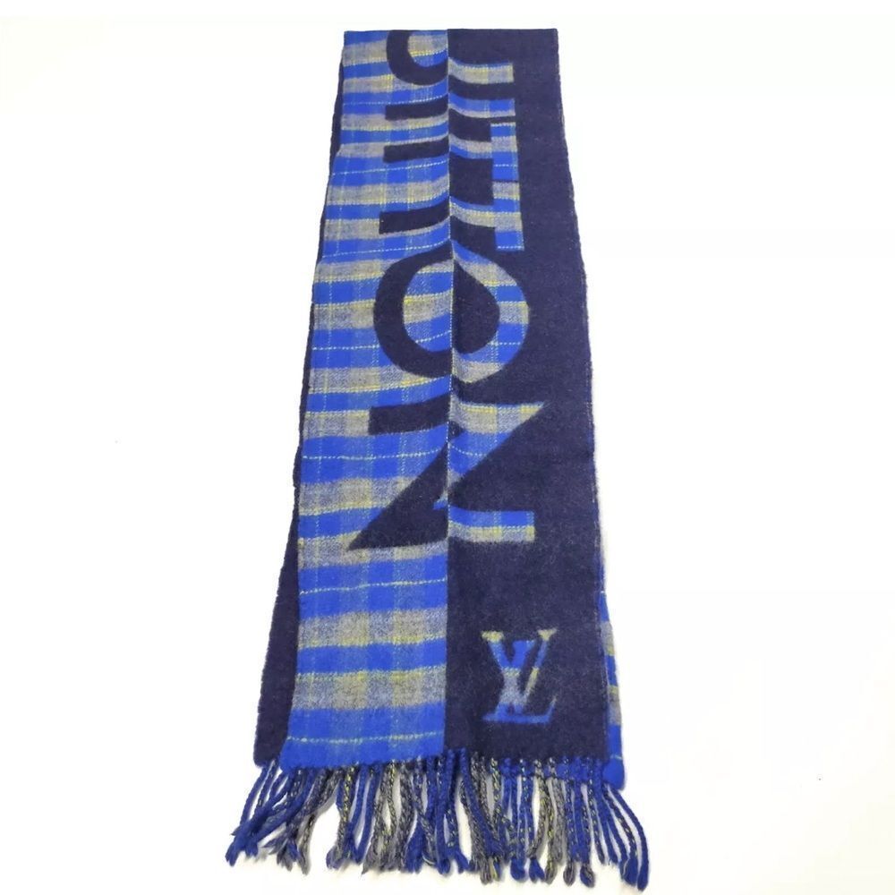 Auth Louis Vuitton Logo Plaid Blues Wool Cashmere scarf